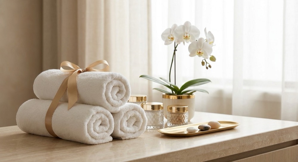 פינת הטיפולים בקליניקה: מגבות, נרות וסחלב לבן